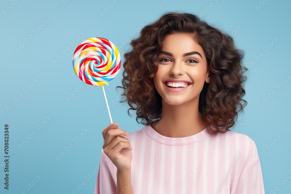 Young woman holding colorful rainbow lollipop on blue background