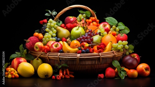 an assortment of fruits nestled in a colorful basket  their vibrant hues contrasting beautifully against the pristine white backdrop  evoking the essence of nature s bounty.