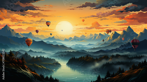 Landscape of morning fog and mountains with hot air balloons at sunriset © Rois