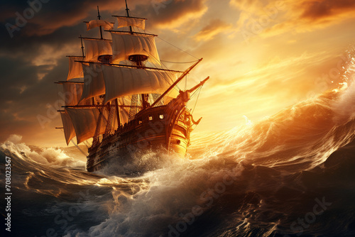 Wooden pirate ship plunging into a colossal wave, the ship's intricate details highlighted by the sunlight breaking through stormy clouds,