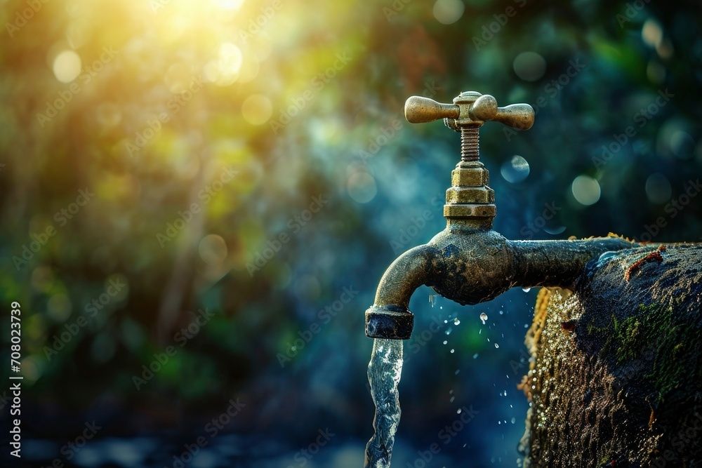 Water tap that turns on. Water faucet with green nature background Water tap that turns on. Water faucet with green nature background