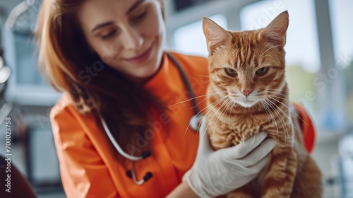 A smiling woman in an orange scrubs gently holding a ginger tabby cat, possibly during a veterinary check-up.