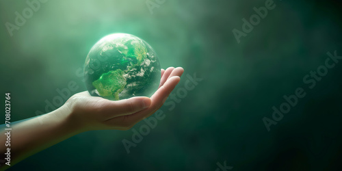 Hand hält Weltkugel aus Glas für den Naturschutz für die Natur zu retten Nahaufnahme, ai generativ