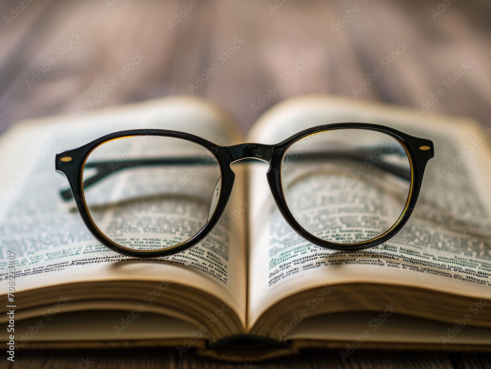 A Pair of Black Rimmed Glasses on an Open Book. A Pair of Black Rimmed Glasses on an Open Book.