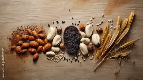 an image capturing seeds in earthy and natural tones, arranged in a rustic and organic composition against a textured background, creating a warm and inviting 