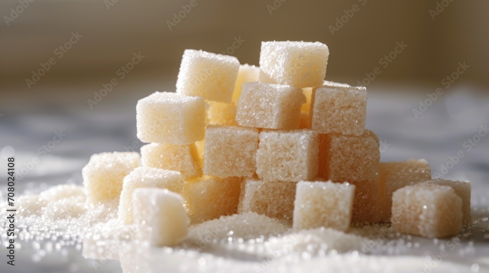 A pile of sugar cubes sitting on top of a table. Brown sugar lumps in a pile. A pile of sugar cubes sitting on top of a table. Brown sugar lumps in a pile.
