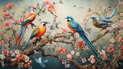 an image depicting the intricate dance of birds in a vibrant garden, their delicate steps and playful interactions with blooming flowers creating a scene of enchanting beauty,  © Balqees