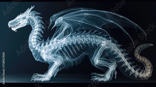 A skeleton of a dragon is shown against a black background. Monochromatic x-ray image on dark background © tilialucida