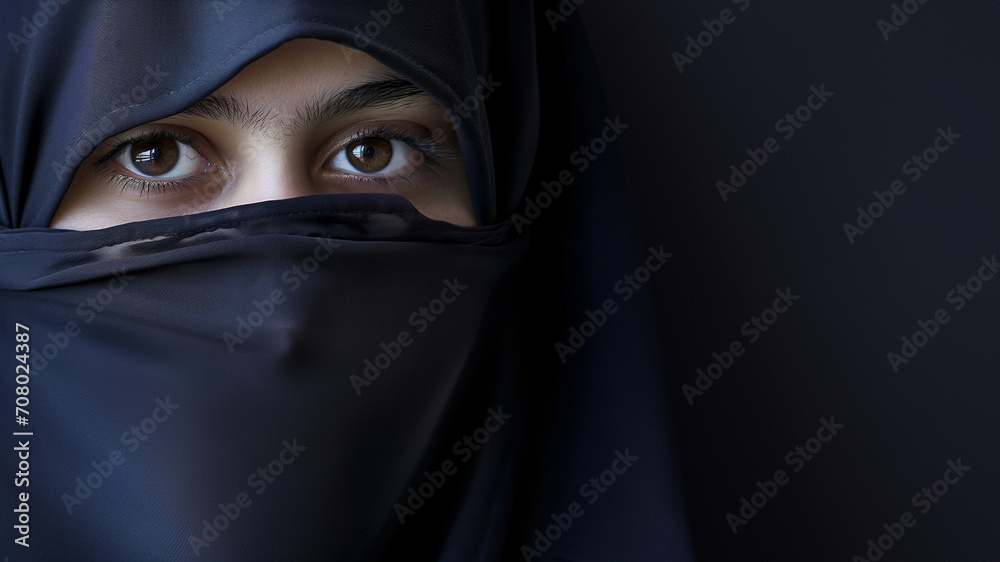Moslemische Frau mit edlen Kopftuch und wunderschönen Augen als Nahaufnahme, ai generativ