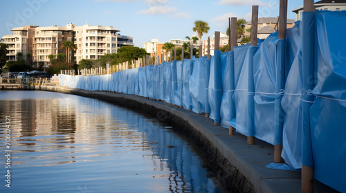 Flood barrier construction to protect a city from rising sea levels.