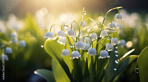 A close up of a bunch of flowers with water droplets. Lily of the valley spring on spring background outdoors.
