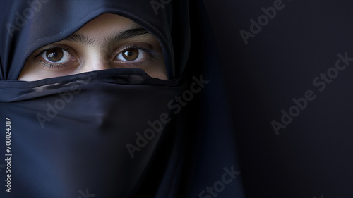 Moslemische Frau mit edlen Kopftuch und wunderschönen Augen als Nahaufnahme, ai generativ