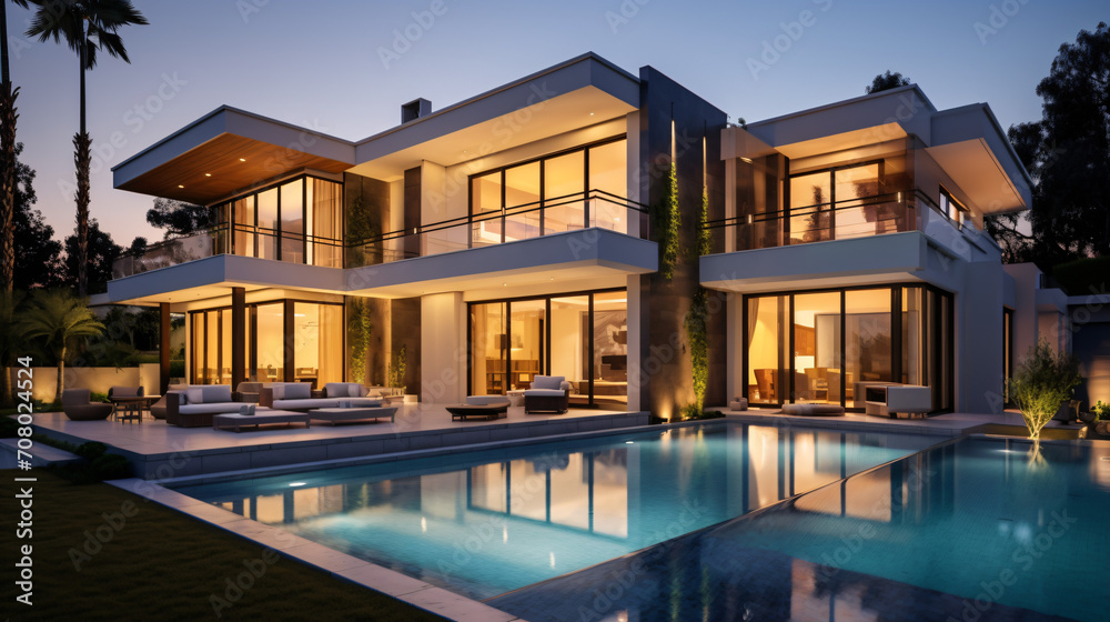 Beautiful modern style luxury home exterior at suns - obrazy, fototapety, plakaty 
