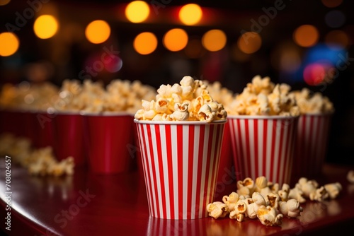 Three red and white striped popcorn buckets with popcorn