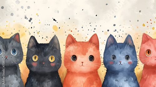 Cute group of cat watercolor style. Cute colorful kittens. Beautiful banner for decoration design, print, wallpaper, textile, interior design, poster.