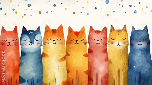 Cute group of cat watercolor style. Cute colorful kittens. Beautiful banner for decoration design, print, wallpaper, textile, interior design, poster.