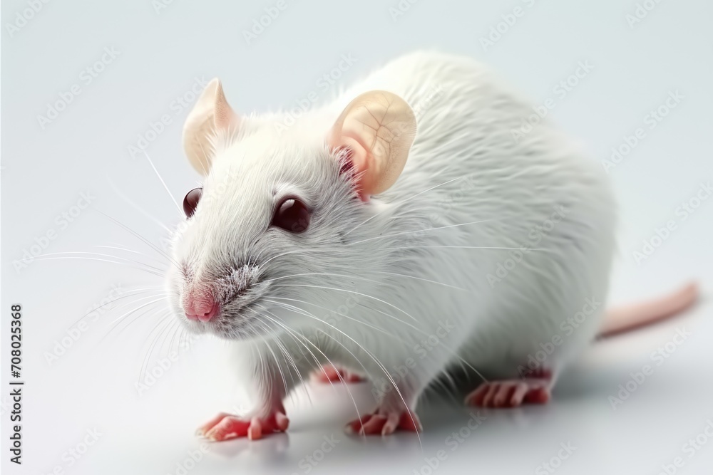 A white rat with red feet on a white surface. Laboratory animal, testing model for research.