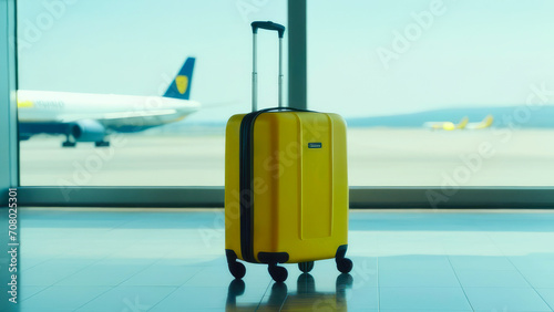 A yellow suitcase on wheels with a retractable handle stands by the window at the airport in the sunlight.