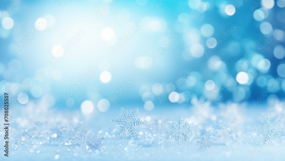 Glistening Winter Wonderland: Sparkling Snowflakes and Icy Blue Bokeh Poster or Sign with Open Empty Copy Space for Text 
