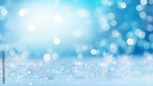 Glistening Winter Wonderland: Sparkling Snowflakes and Icy Blue Bokeh Poster or Sign with Open Empty Copy Space for Text 