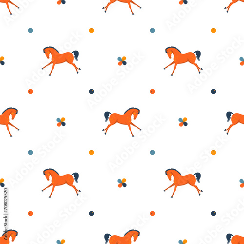 Running cartoon cute horses, seamless vector pattern