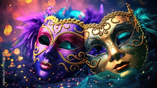 A couple of masks sitting next to each other. Mardi Gras masks.