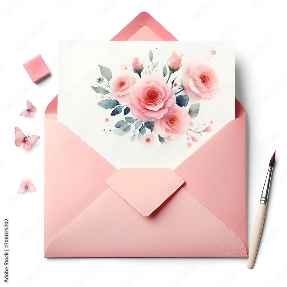 watercolor paint love pink envelope and paper with floral decor for valentine's day card decor