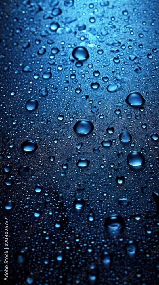 A close up of water droplets on a blue surface. A close up of water droplets on a blue surface.