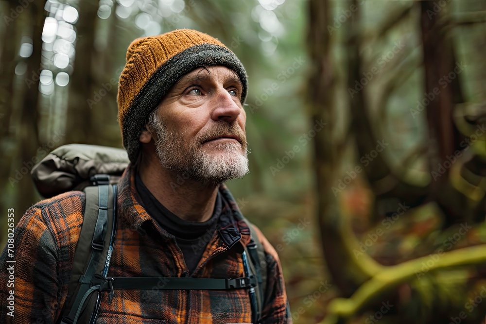 Middle aged man hiking in the woods Middle aged man hiking in the woods