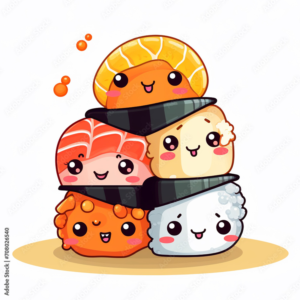 Watercolor kawaii sushi illustration, japanese restaurant Watercolor kawaii sushi illustration, japanese restaurant