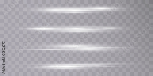 Set of white horizontal highlights. Laser beams, horizontal light beams on a transparent background. Vector