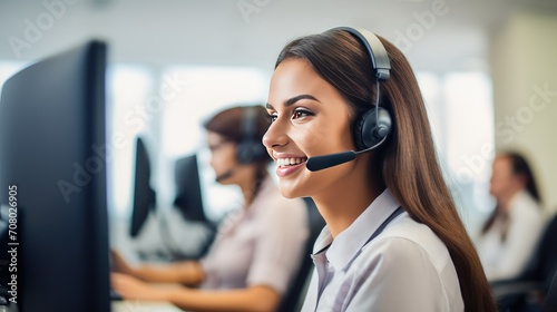 workplace positivity with a dynamic side view of call center employees smiling and diligently working on computers.