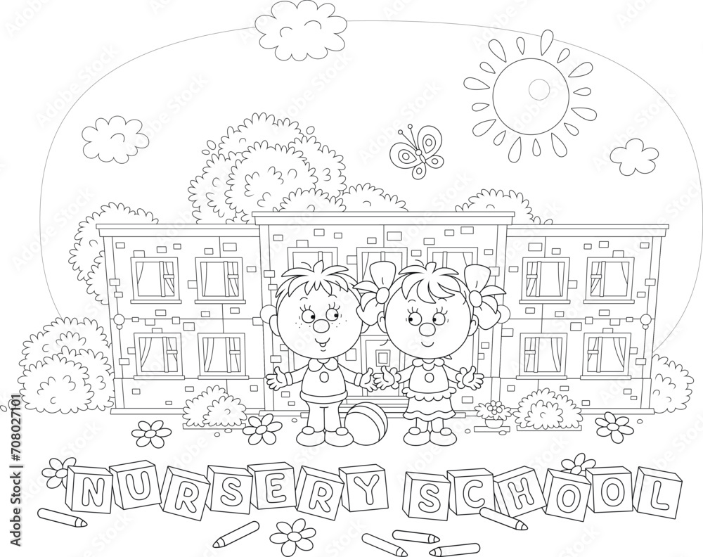 Happy little girl and boy in front of their pretty nursery school on a sunny summer day, black and white vector cartoon illustration for a coloring book