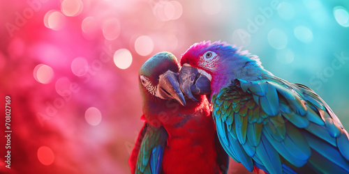 Wunderschöne Papageien in rot und blau beim Küssen als Nahaufnahme für Poster und Kalender, ai generativ photo