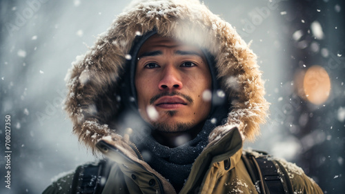 portrait of a man in a hood in a park in winter