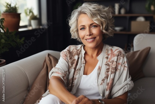 Portrait of a smiling mature woman with short gray hair © duyina1990