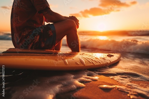 Young man with surfboard sitting on a beach sand