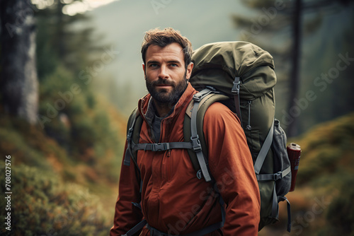Portrait of cute man hiker in the mountains