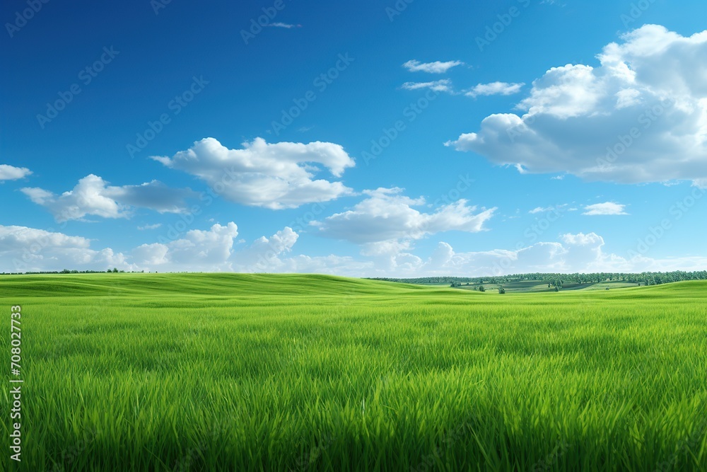 Sunny day on meadow field with green grass and blue sky