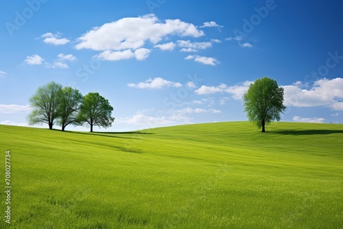 Sunny day on meadow field with green grass and blue sky