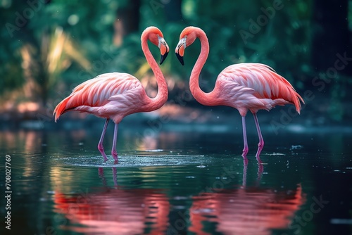 Pink flamingos standing in a lake