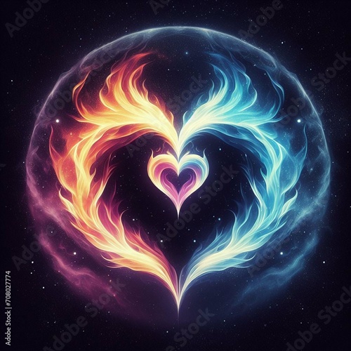 Golden burning heart. Twin flame logo. Esoteric concept of spiritual love. Illustration on black background for web sites, wallpapers and much more. Created using generative ai tools