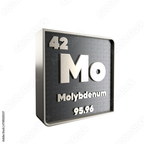 Molybdenum chemical element black and metal icon with atomic mass and atomic number. 3d render illustration.