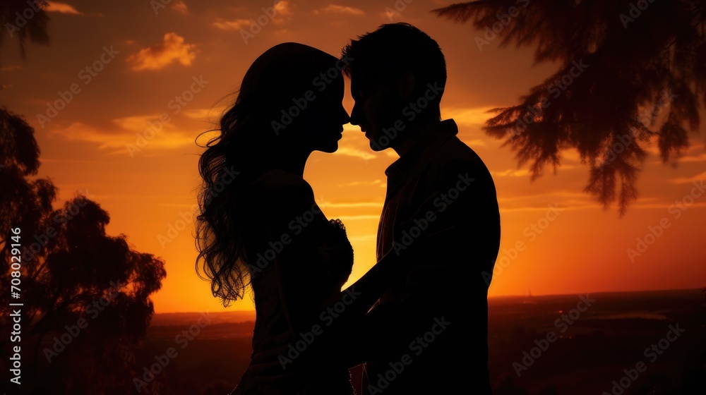 magic of love with a captivating silhouette image of a joyful couple holding each other against the backdrop of a beautiful sunset.