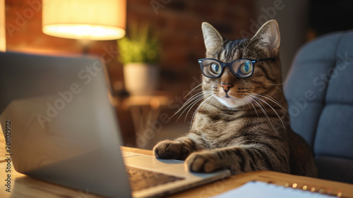 portrait of a cat wearing glasses working in the office using a laptop photo