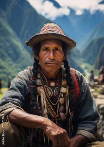 Peruvian in national clothes against the background of Machu Picchu in Peru, ancient architecture, South American Indian, dark elderly man in a hat and woolen poncho, tourism, travel