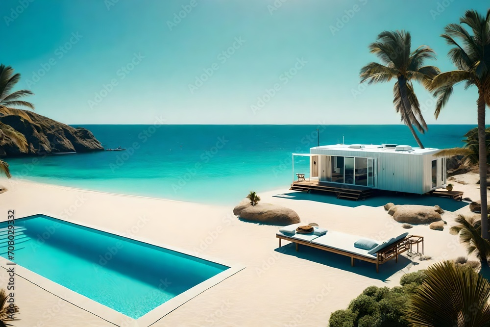 Fototapeta premium A mobile home with swimming pool parked on a pristine beach, where the pool provides a private oasis beside the vast expanse of the ocean.