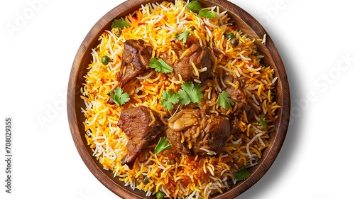 Top View Mutton Biryani on a Wooden Plate

 photo