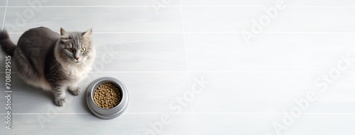 banner copyspace, gray cat eats from a white pest bowl, top view, of kibble in a modern kitchenpet nutrition and lifestyle brands.