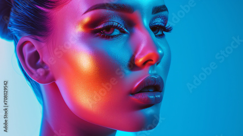 Close-up of beautiful woman's face with neon colors. fashion photography